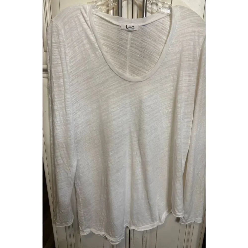LNA Women's Textured Scoop Neck Long Sleeve T-Shirt White Size Large